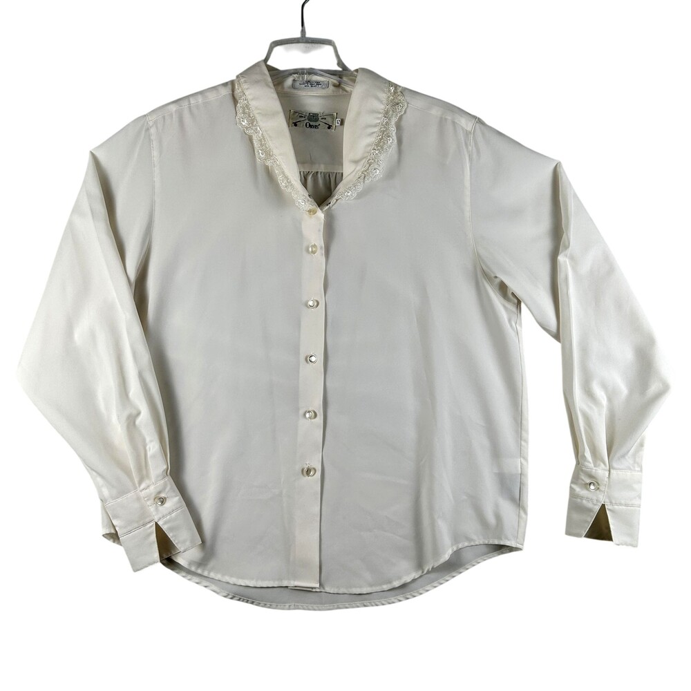 Vintage Orvis Shirt Womens 12 Lace Trim Button Front Shoulder Pads Hong Kong 80s
